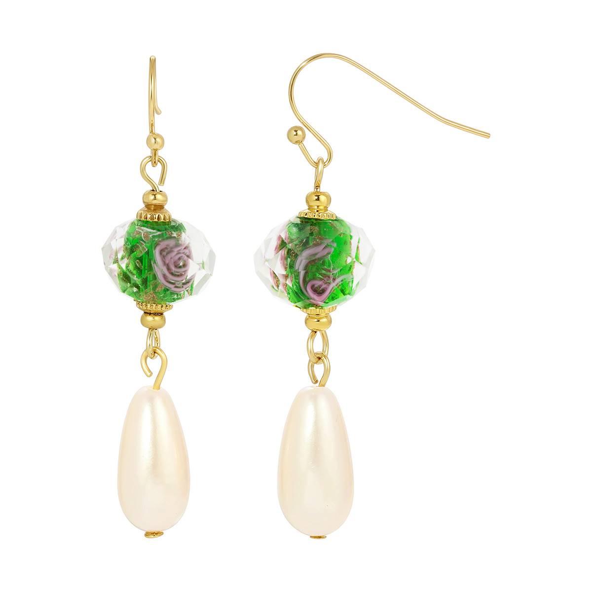 1928 Gold Tone Clear Crystal Olivine Flower & Pearl Drop...