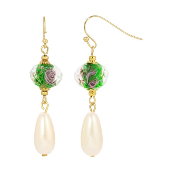 1928 Gold Tone Clear Crystal Olivine Flower & Pearl Drop Earrings - image 