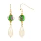 1928 Gold Tone Clear Crystal Olivine Flower & Pearl Drop Earrings - image 1