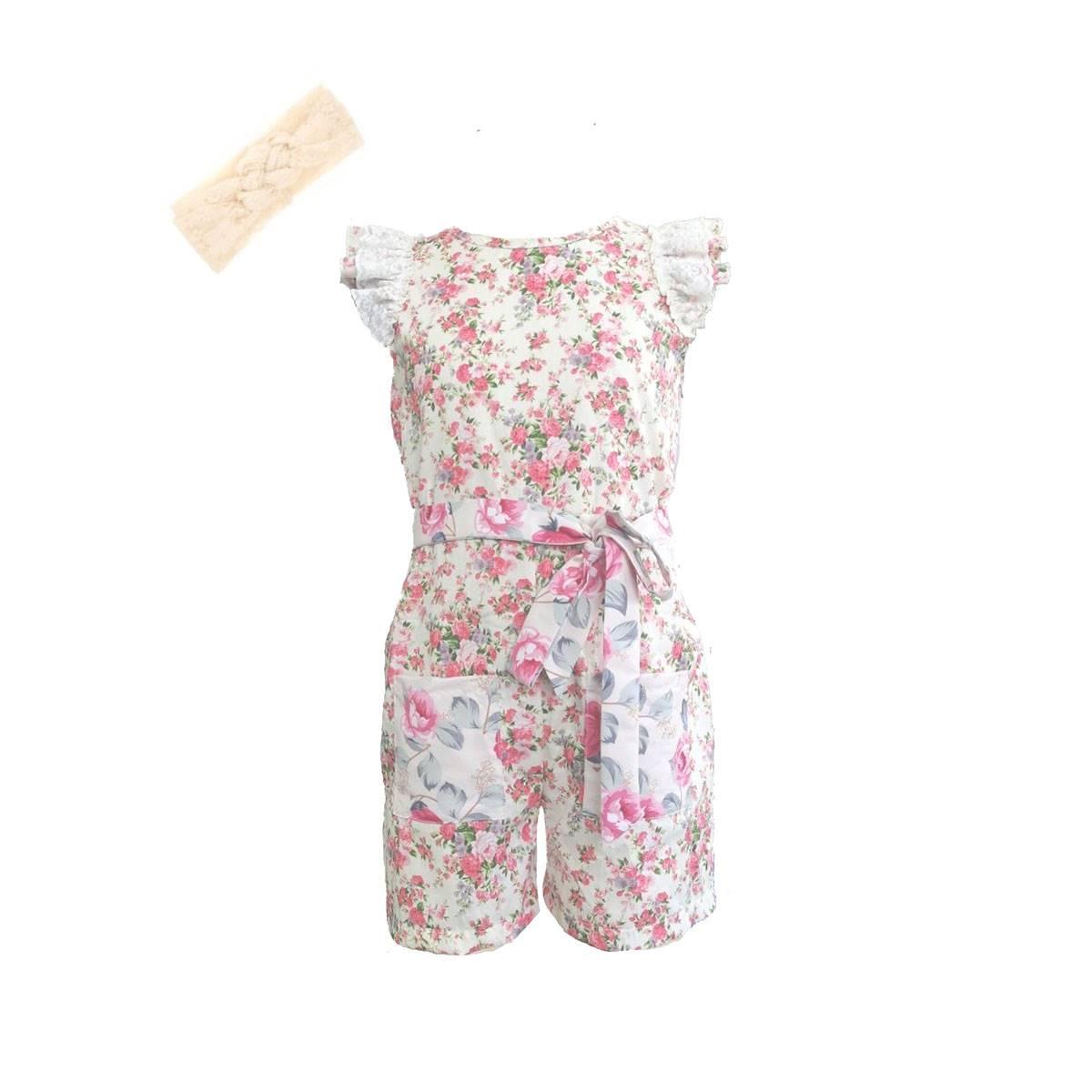 Girls Mi Amore Gigi Floral Lace Romper & Headband