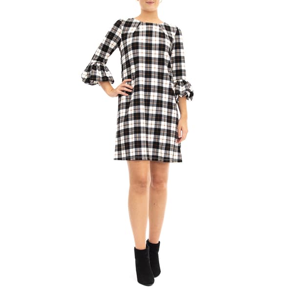 Womens Nina Leonard Ruffle Cuff Sleeve Plaid Crepe Shift Dress