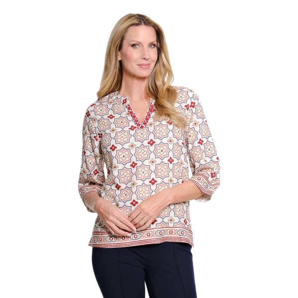 Womens Multiples 3/4 Sleeve Split Neck Medallion Blouse