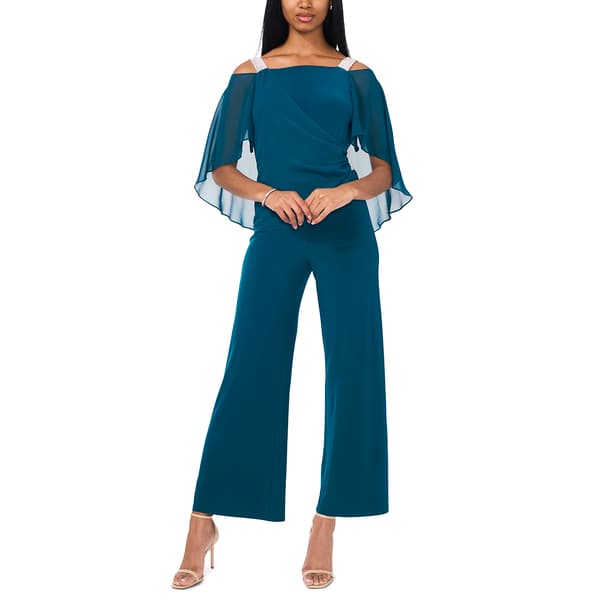 Petite MSK Solid Capelet Overlay Rhinestone Trim Jumpsuit