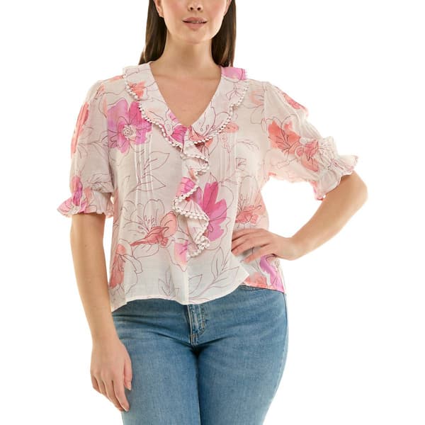 Womens Zac & Rachel Elbow Sleeve Ruffle Front Floral Blouse - image 