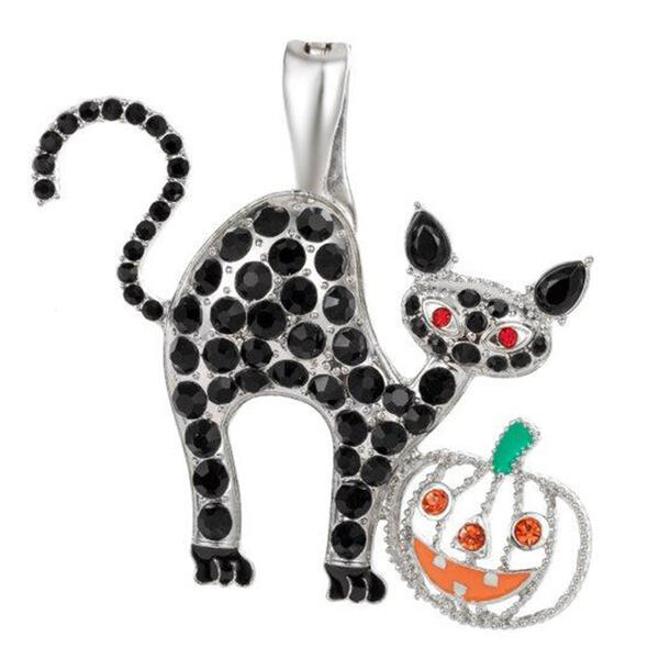 Wearable Art Silver-Tone Black Cat & Pumpkin Enhancer Pendant - image 