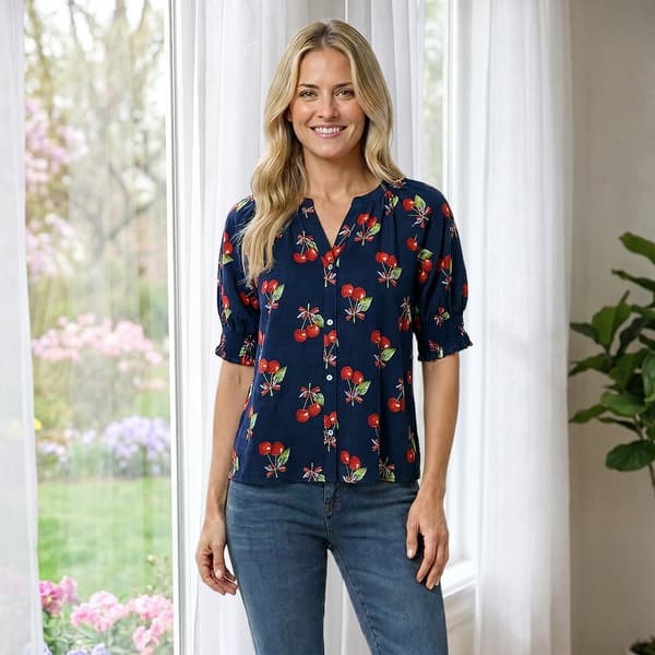 Womens Nicole Miller Short Puff Sleeve Split Neck Cherry Blouse - image 