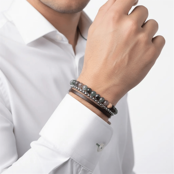 Mens Iron Saints Silver Layered Popcorn Chain & Bead Bracelet