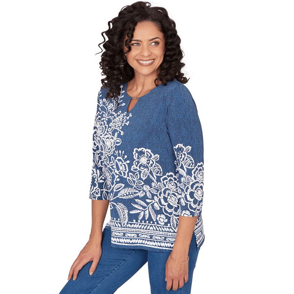 Womens Alfred Dunner Classics 3/4 Sleeve Keyhole Floral Blouse