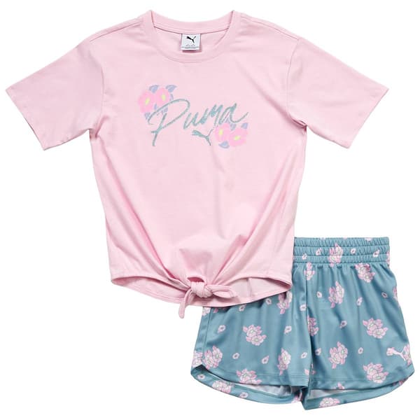 Girls (7-16) Puma(R) Short Sleeve Tie Front Tee & Floral Short Set