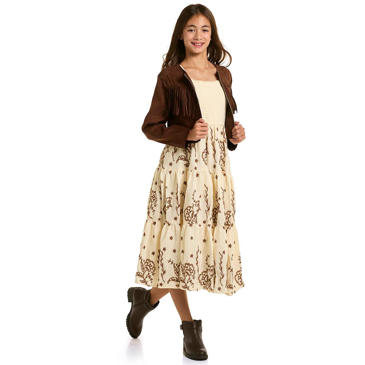 Girls (7-16) Rare Editions Fringe Jacket/Stitch Floral Maxi Dress