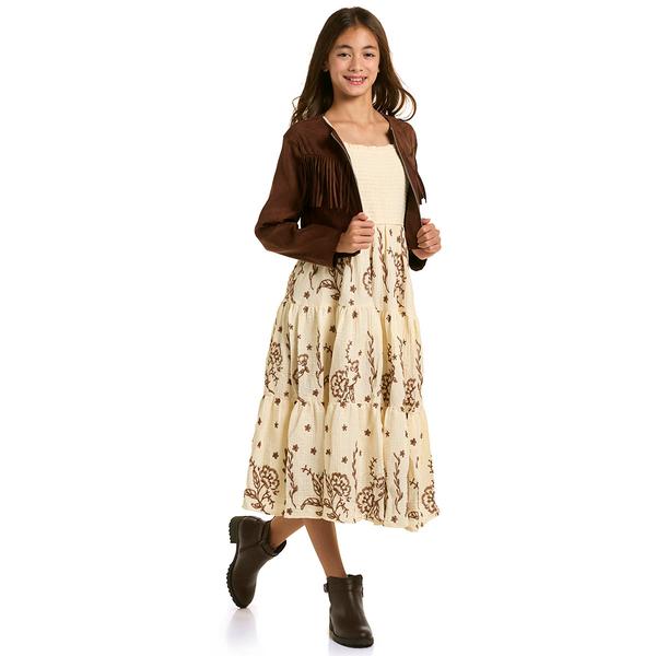 Girls (7-16) Rare Editions Fringe Jacket/Stitch Floral Maxi Dress - image 