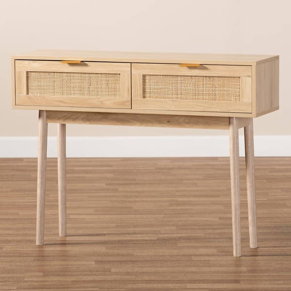 Baxton Studio Baird Oak Brown Wood/Rattan 2-Drawer Console Table