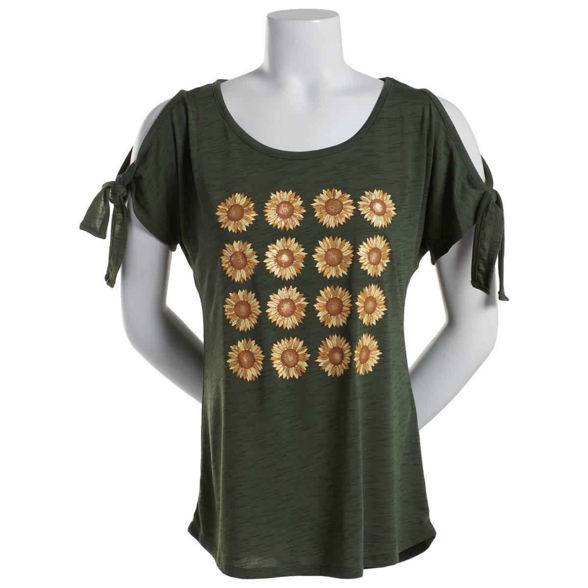 Womens Tru Self Cold Shoulder Sunflowers Tie Sleeve Graphic...