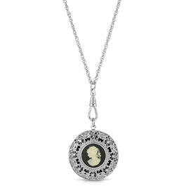 1928 Silver Tone Black Cameo Round Locket Necklace