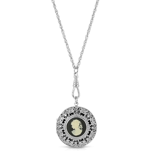 1928 Silver Tone Black Cameo Round Locket Necklace - image 