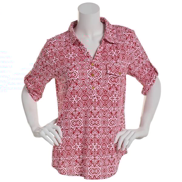 Petite Emily Daniels Short Sleeve 1 Pocket Print Blouse-Barbados