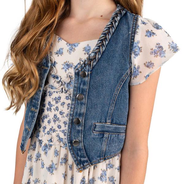 Girls (7-16) Rare Editions Short Sleeve Floral Dress & Denim Vest