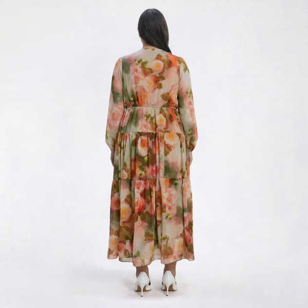 Plus Size Robbie Bee Long Sleeve V Neck Tier Chiffon Maxi Dress