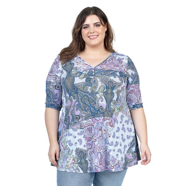 Plus Size 24/7 Comfort Apparel Paisley Elbow Sleeve V-Neck Top