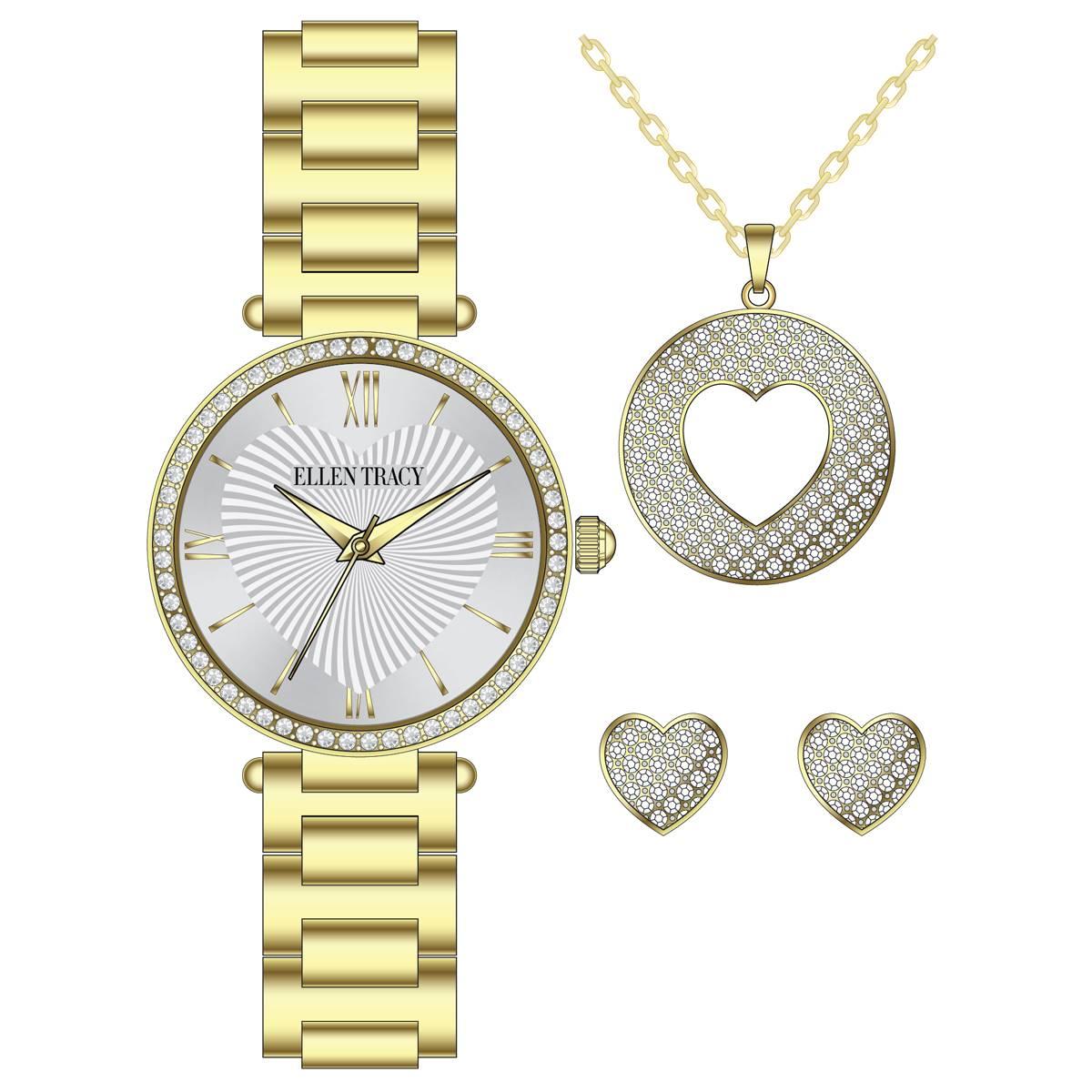 Womens Ellen Tracy Gold Cut Out Watch Pendant & Earring Set
