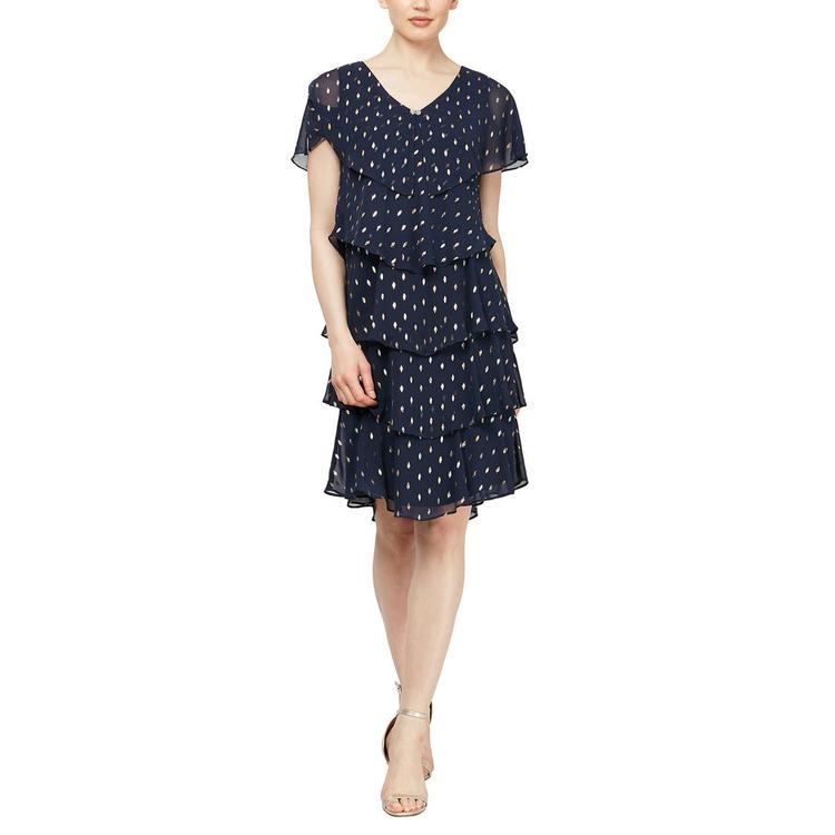 Womens SLNY Metallic Short Sleeve Tier Dress