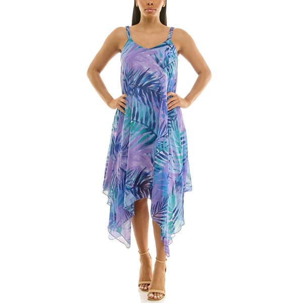 Womens Nina Leonard Sleeveless Tropical Hanky Hem Midi Dress - image 