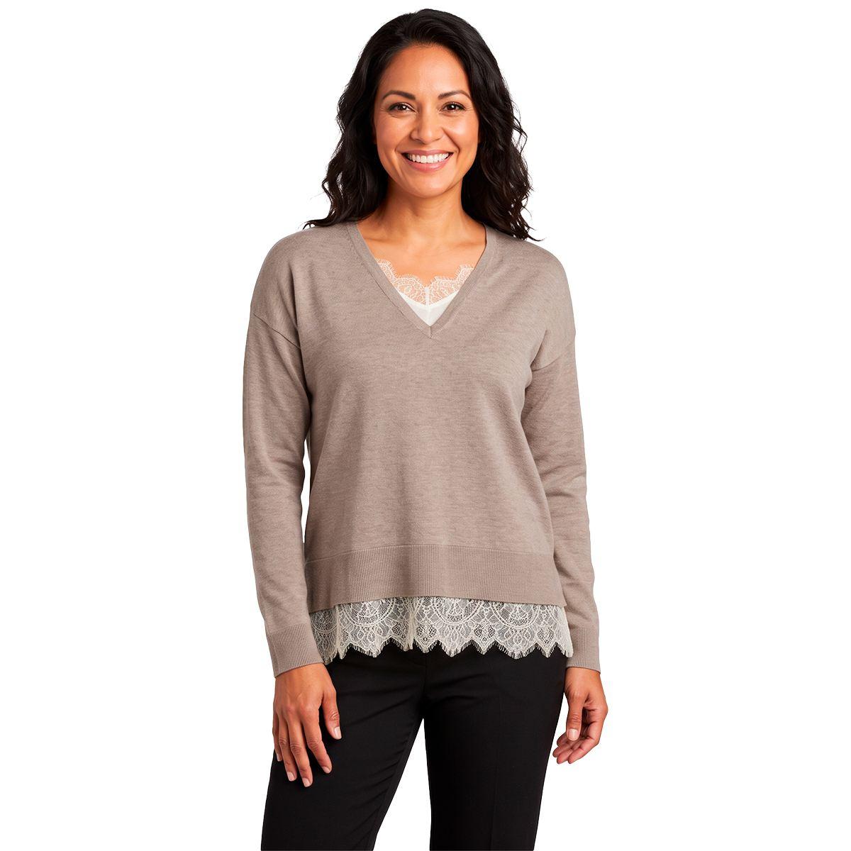 Womens Adrianna Papell Long Sleeve V-Neck Lace Trim Sweater
