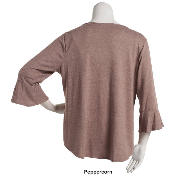 Plus Size Notations 3/4 Ruffle Sleeve Solid Hacci Keyhole Top