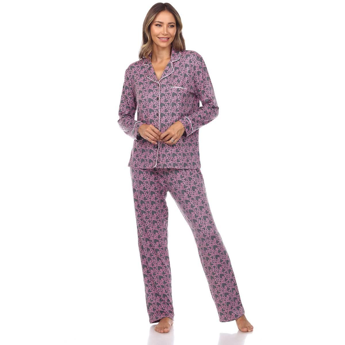 Womens White Mark Long Sleeve Heart Print Pajama Set