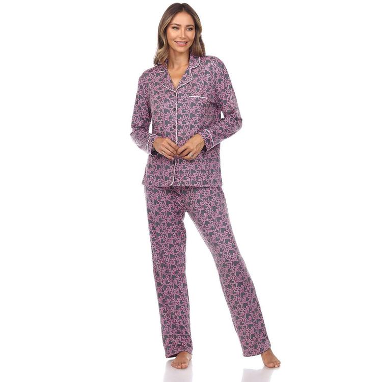 Womens White Mark Long Sleeve Heart Print Pajama Set