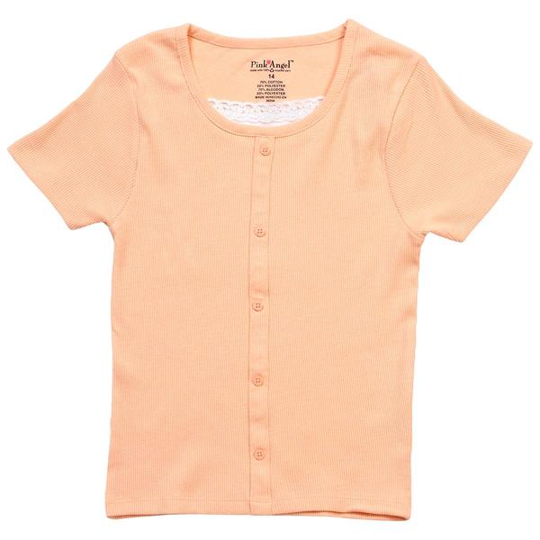 Girls (7-16) Pink Angel Lace Neck Faux Button Up Tee - image 