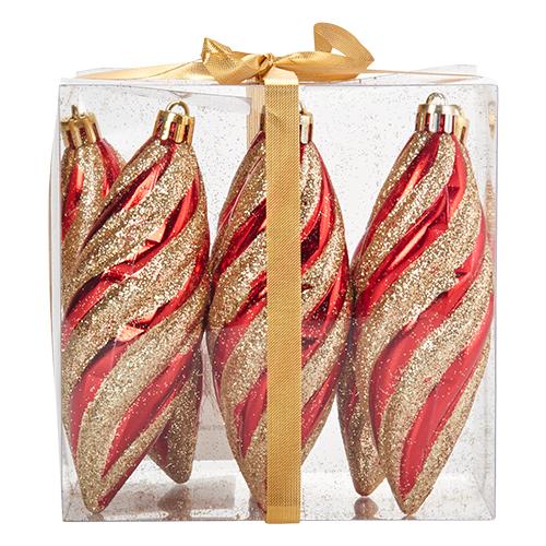 Set of 6 4.7in. Shatterproof Red & Gold Glitter Tear Ornaments - image 