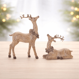 Melrose Carved Deer with Wreath Figurine - Set of 2