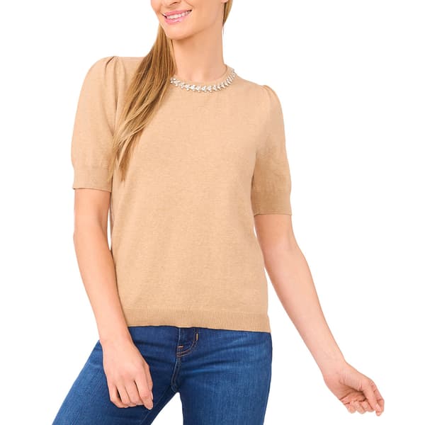 Womens Cece Short Sleeve Gem Embellished Neck Sweater - image 