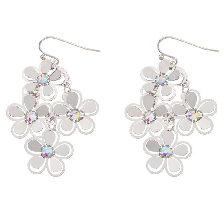 Ashley Silver-Tone AB Crystal 3-Tier Flower Dangle Earrings