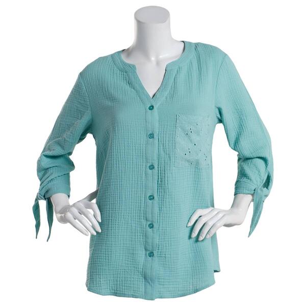 Petite Napa Valley 3/4 Sleeve Button Front Gauze Top - image 