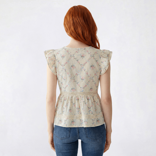 Juniors Self Esteem Flutter Sleeve Ditsy Jersey V-Neck Peplum Top