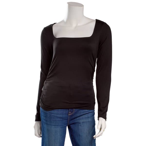 Juniors No Comment Long Sleeve Side Ruched Lined Top- Solid - image 