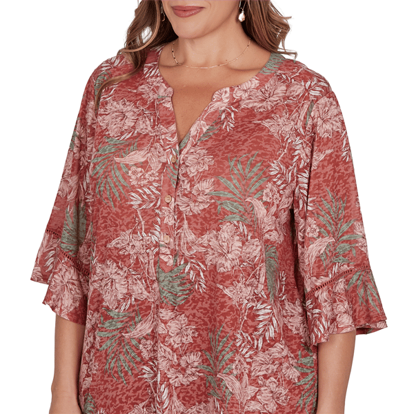 Plus Size Ruby Rd. Sedona Escape Tropical Burnout Henley Blouse