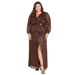 Plus Size R&M Richards Long Sleeve Crinkle Wrap Evening Dress
