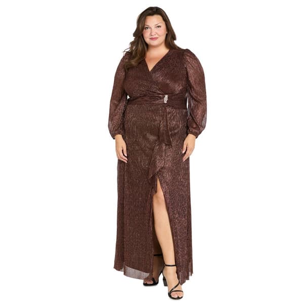 Plus Size R&M Richards Long Sleeve Crinkle Wrap Evening Dress - image 