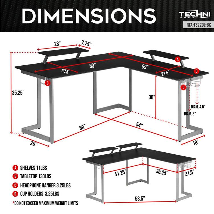 Techni Sport Warrior 63" W L-Shaped Gaming Desk