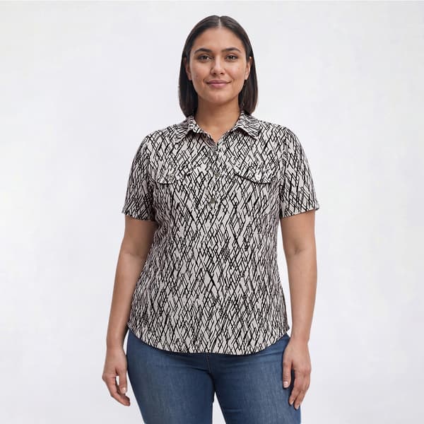 Plus Size Emily Daniels Short Sleeve Jacquard Abstract Blouse