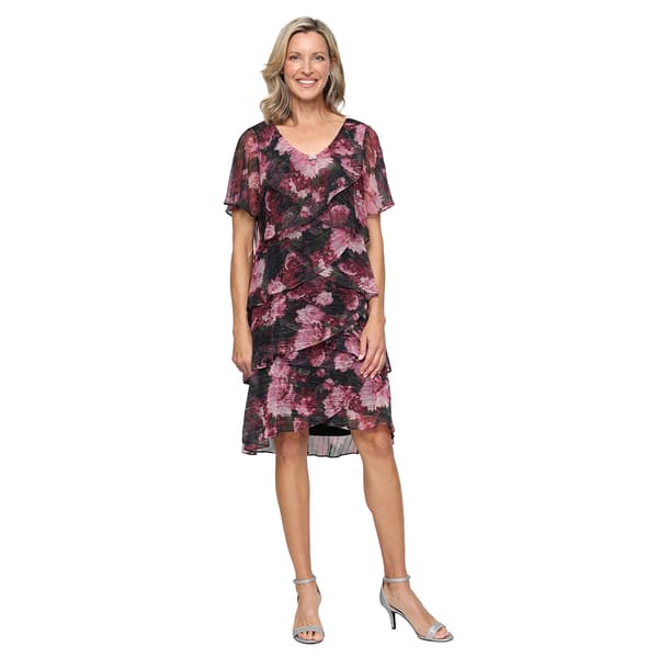 Womens SLNY Short Sleeve Floral Tier V Neck Shift Dress - image 