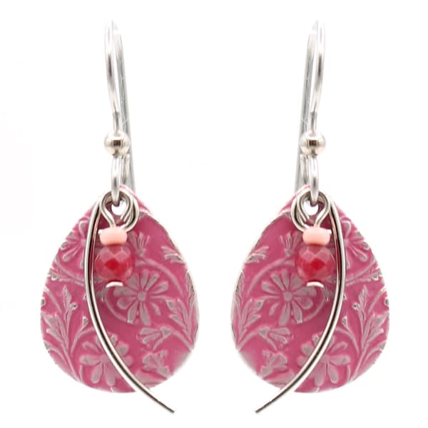 Silver Forest Wisp Bead Floral Texture Teardrop Earrings - image 