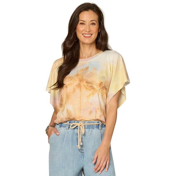Womens Democracy Dolman Sleeve Scoop Embroidered Neck Print Top