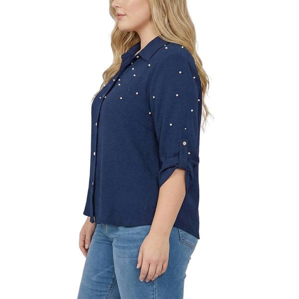 Plus Size NY Collection 3/4 Roll Tab Sleeve Embellished Blouse