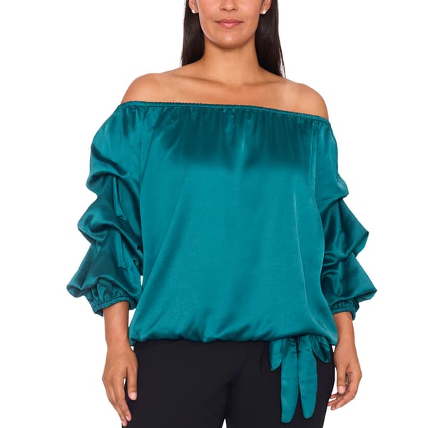 Plus Size MSK 3/4 Lantern Sleeve Solid Tie Waist Blouse - image 