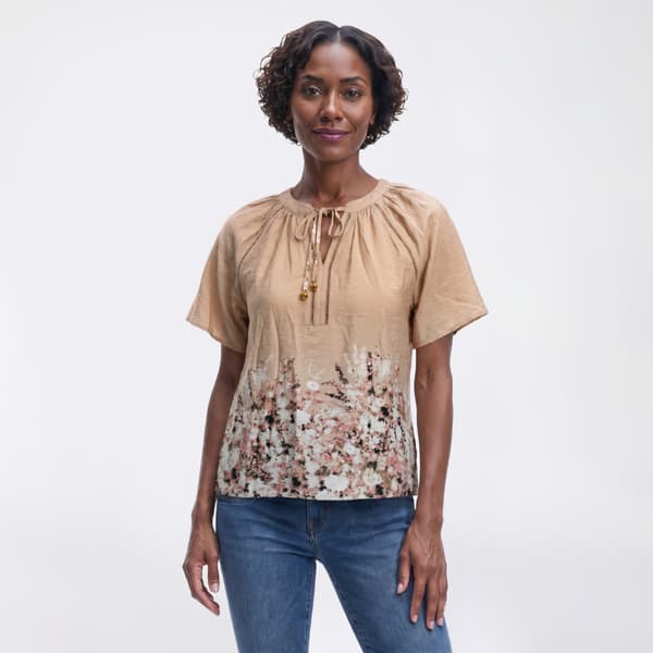 Womens Como Black Flutter Sleeve Tie Neck Floral Woven Blouse - image 
