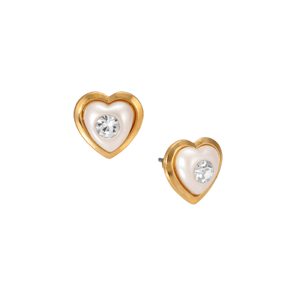 1928 Gold-Tone Faux Pearl Heart Crystal Stud Earrings - image 